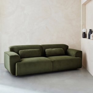 Canapé 3 places. tissu velours côtelé vert. 2 coussins déhoussables. Wallas  L 230 x P 98 x H 73cm
