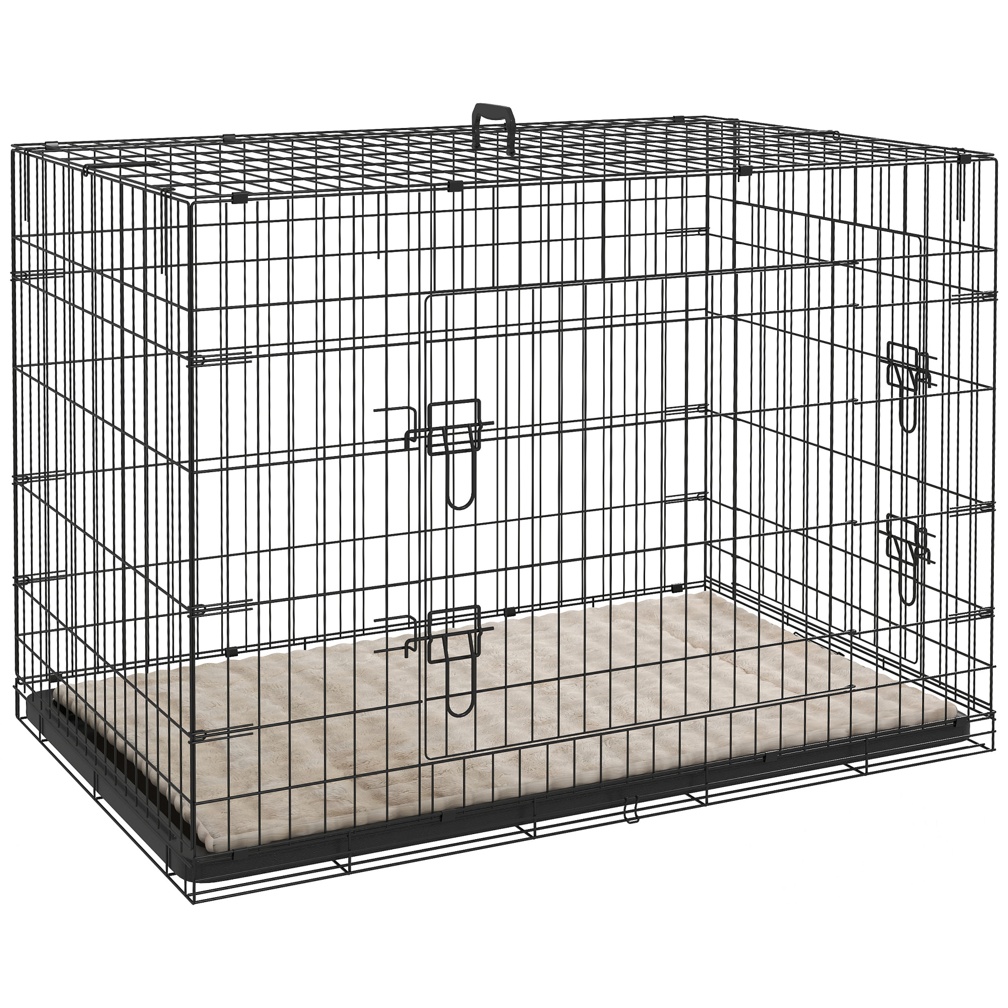 Jaula para Perros Plegable, Jaula para Perros Extragrandes con Cojín, 2 Puertas, Bandeja Extraíble y Marco de Alambre Metálico, 106x71,5x76 cm, Negro y Beige