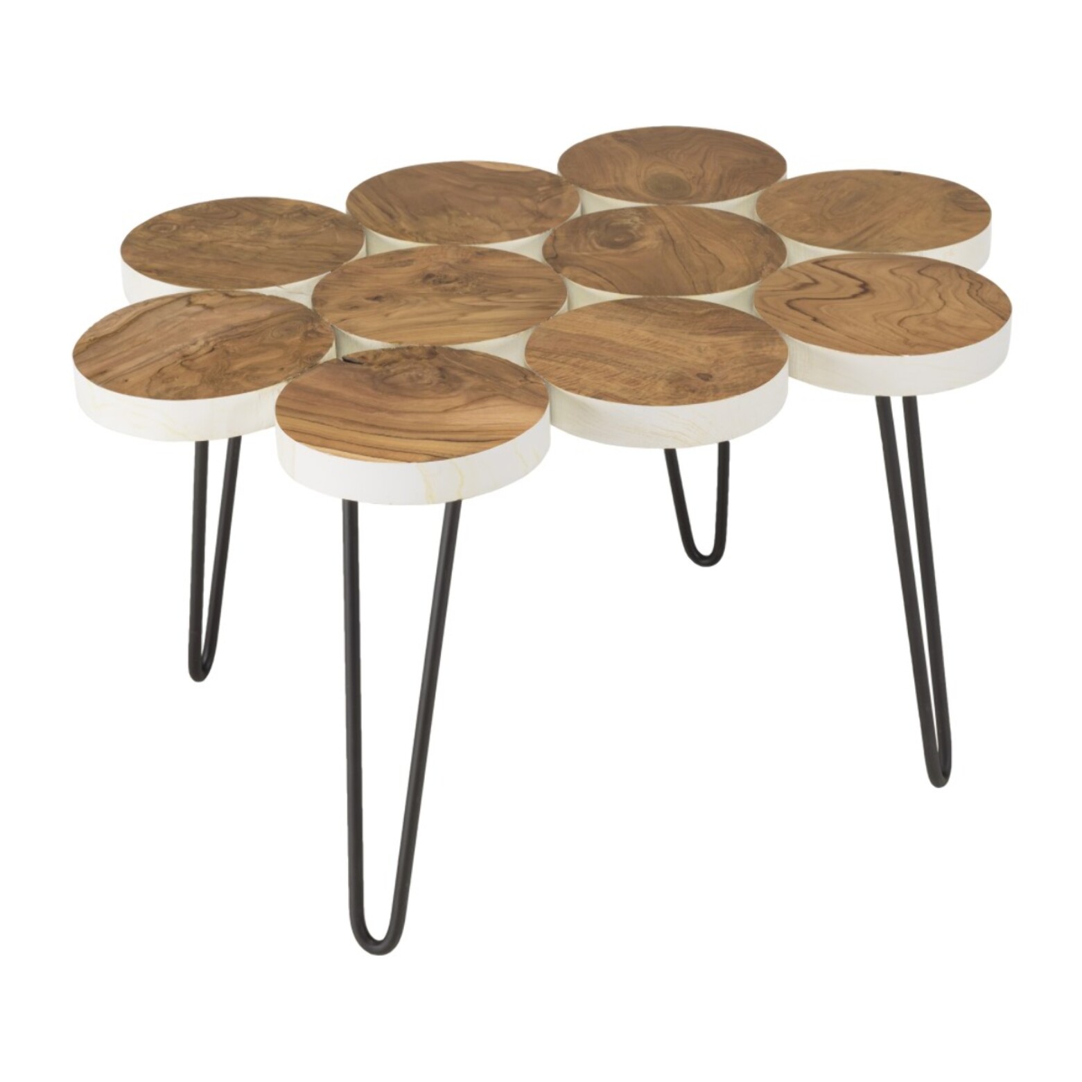 SAM - Table basse plateau rondelles bois teck pieds épingles