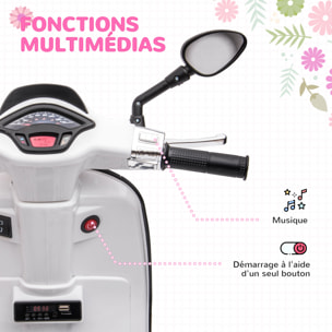 Scooter électrique enfant Vespa 6V - musiques, feu AV, entrée USB, radio FM - 2 roues support aux. - blanc