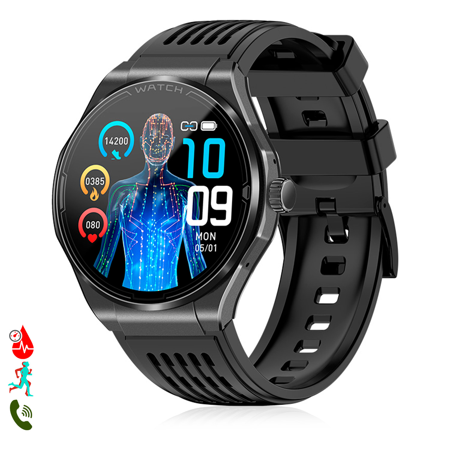 Smartwatch JA03. Llamadas Bluetooth con funciones avanzadas de salud: ECG, lípidos, glucosa, oxígeno en sangre, tensión arterial, composición sanguínea y composición corporal.