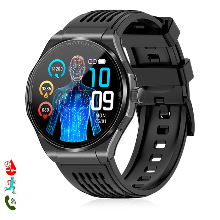 Smartwatch JA03. Llamadas Bluetooth con funciones avanzadas de salud: ECG, lípidos, glucosa, oxígeno en sangre, tensión arterial, composición sanguínea y composición corporal.
