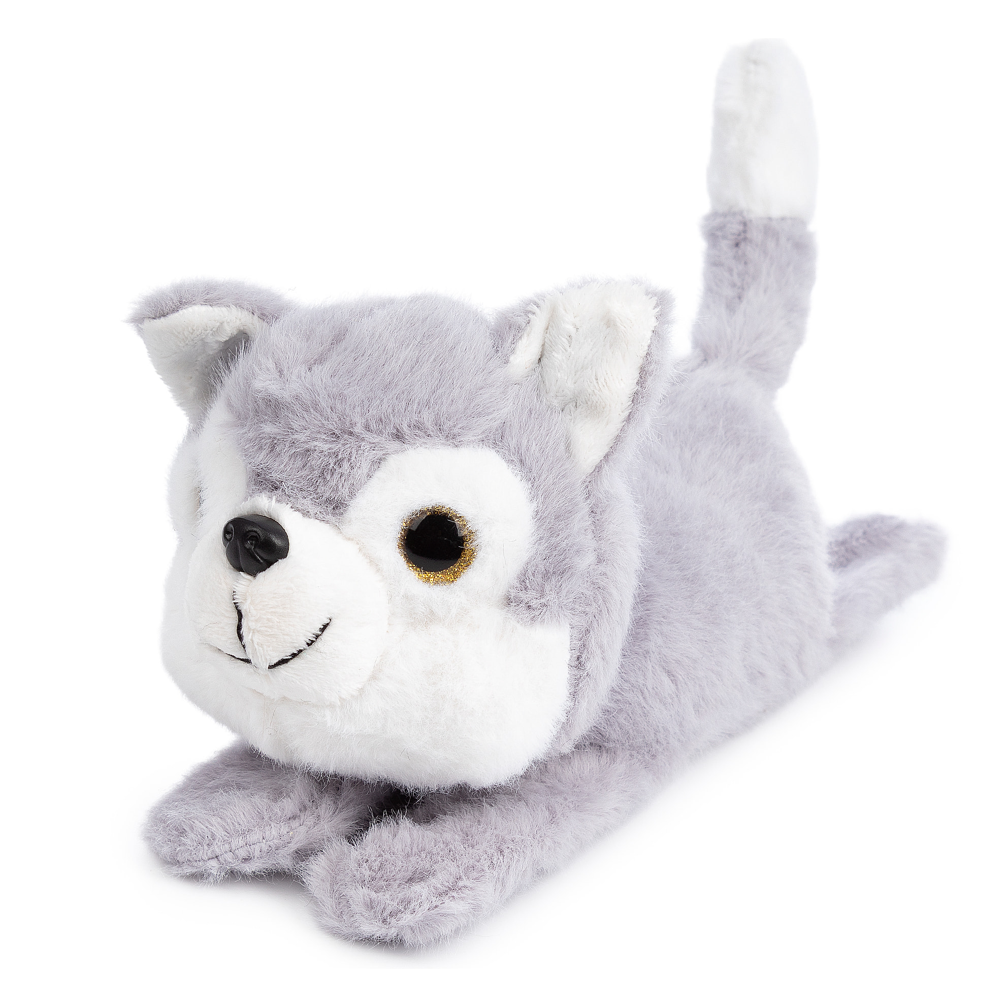 Peluche extrasuave y mullido. Diseño husky con mecanismo enrollable. 18 cm.