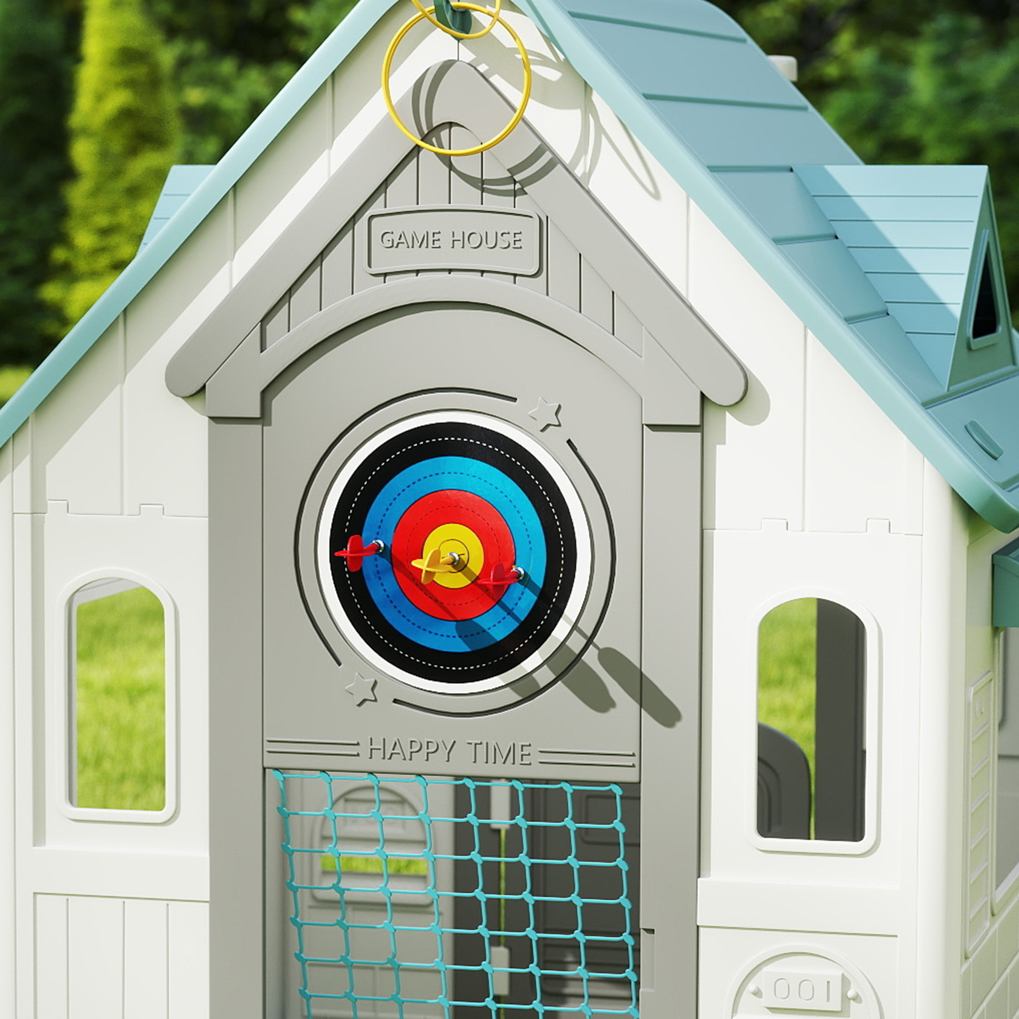Casita Infantil Exterior e Interior 5 en 1, Casita Infantil de Jardín con Lanzamiento de Aros, Baloncesto, Fútbol, Dardos, Casa de Juegos para Niños de 2-5 Años, Beige