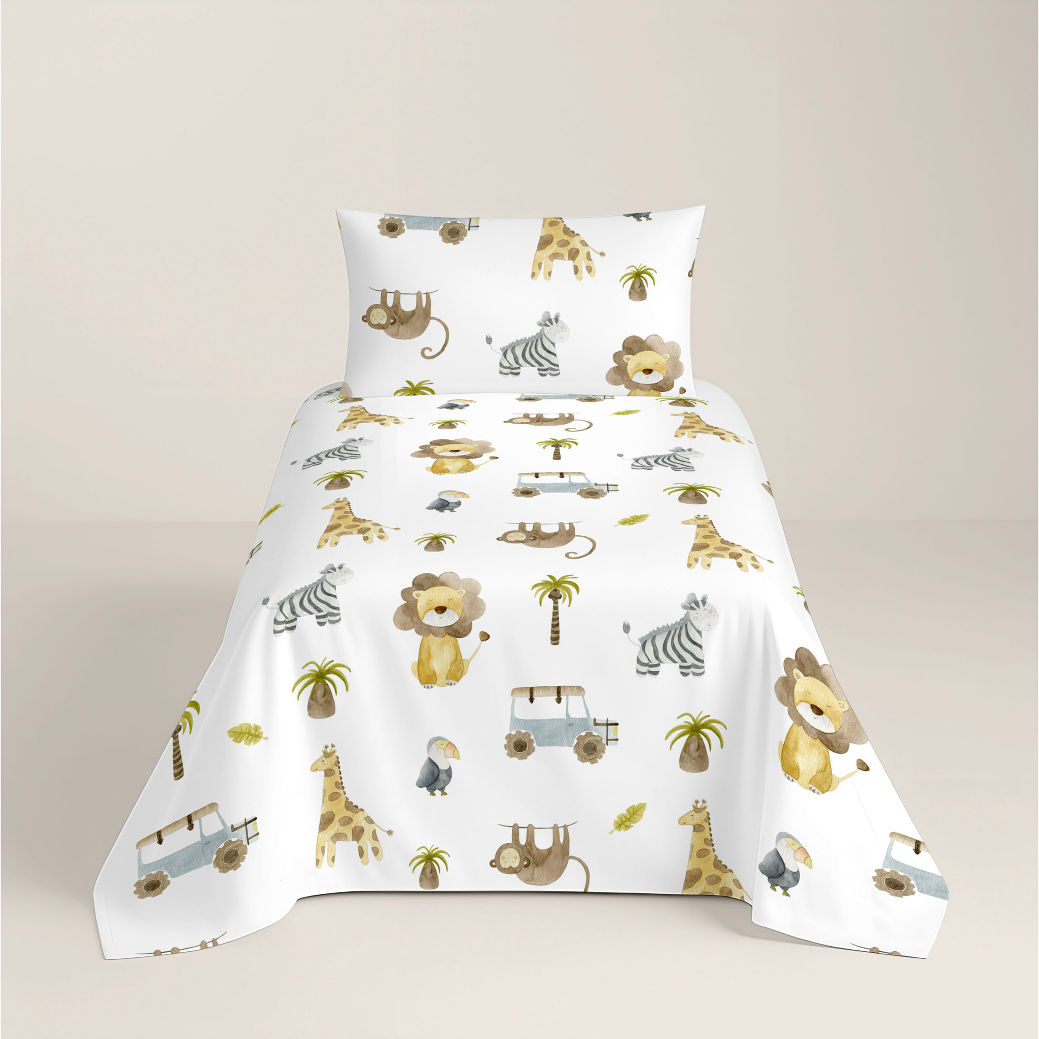 Cool Kids - Juego de Sábanas Estampadas - Infantil - Incluye 1 Funda de Almohada + 1 Sábana Bajera - 100% Algodón - Serengeti