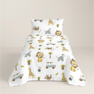 Cool Kids - Juego de Sábanas Estampadas - Infantil - Incluye 1 Funda de Almohada + 1 Sábana Bajera - 100% Algodón - Serengeti