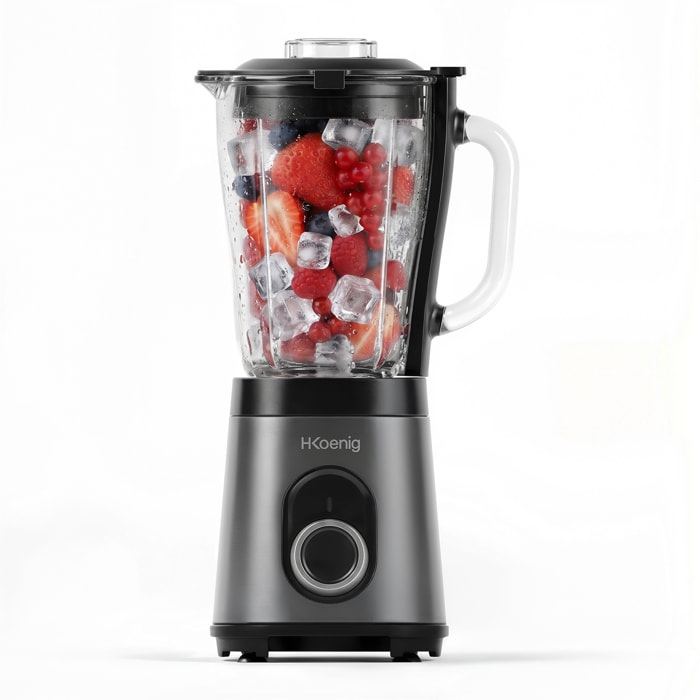 H.Koenig Batidora de Vaso MXK36 1,5L 550W, Licuadora Potente con Función Pica Hielo, Jarra de Cristal Graduada, 2 Velocidades + Pulse, gris antracite