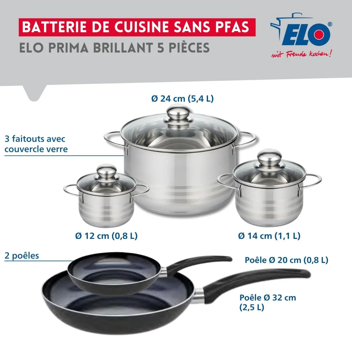 Ensemble de 2 Poêles de cuisson 20 et 32 cm et 3 faitouts 12, 14 et 24 cm Elo Prima Brillant