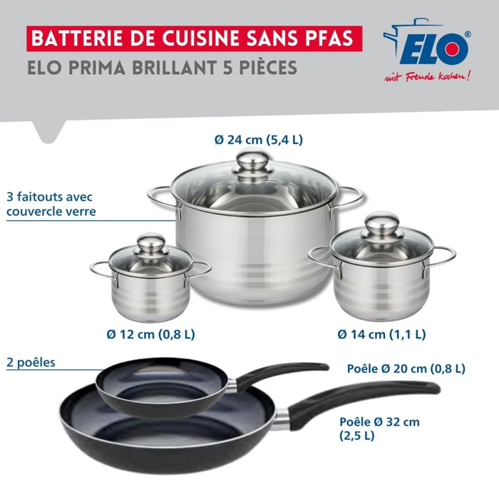 Ensemble de 2 Poêles de cuisson 20 et 32 cm et 3 faitouts 12, 14 et 24 cm Elo Prima Brillant