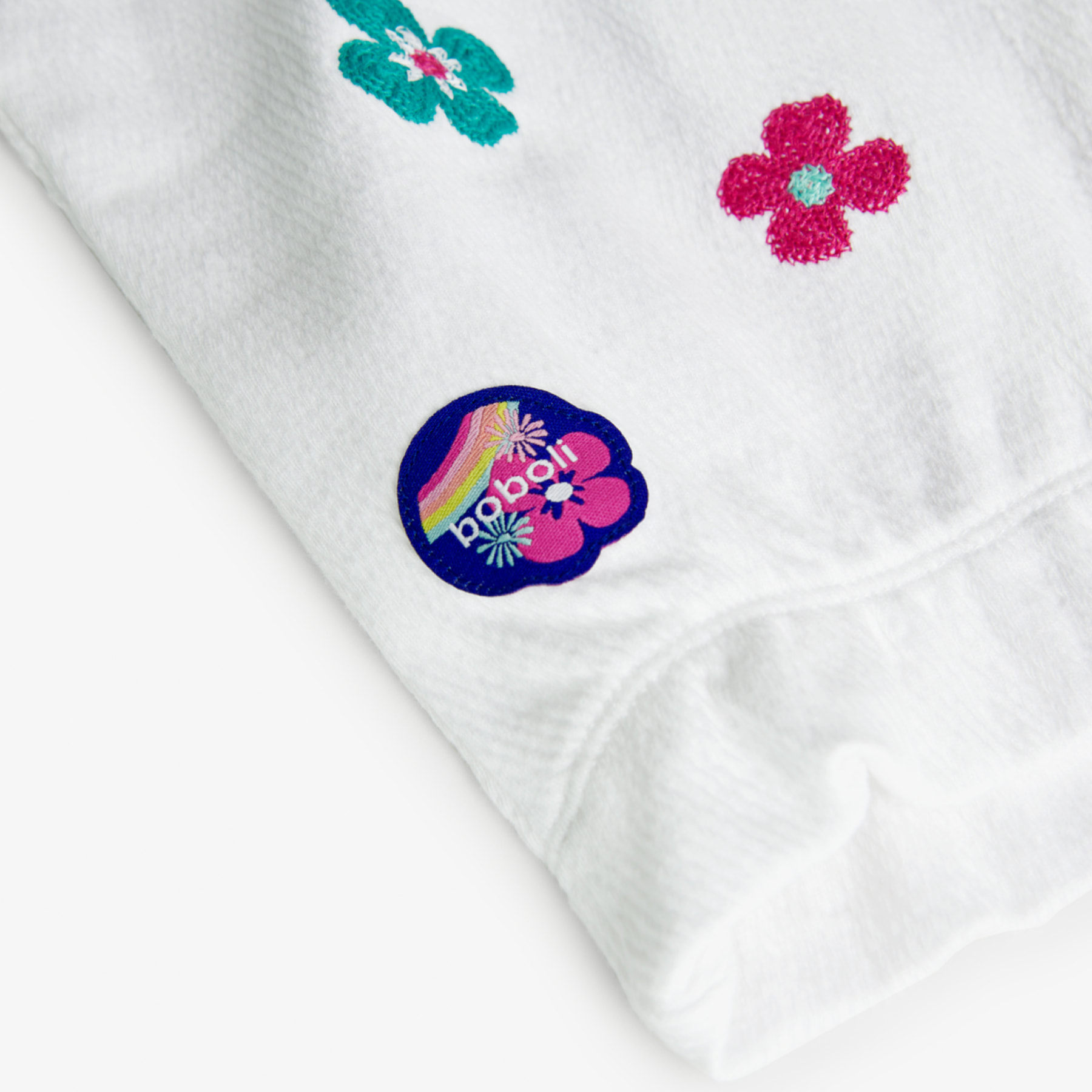 Camiseta niña engomada, estampado flores, blanco, mangas