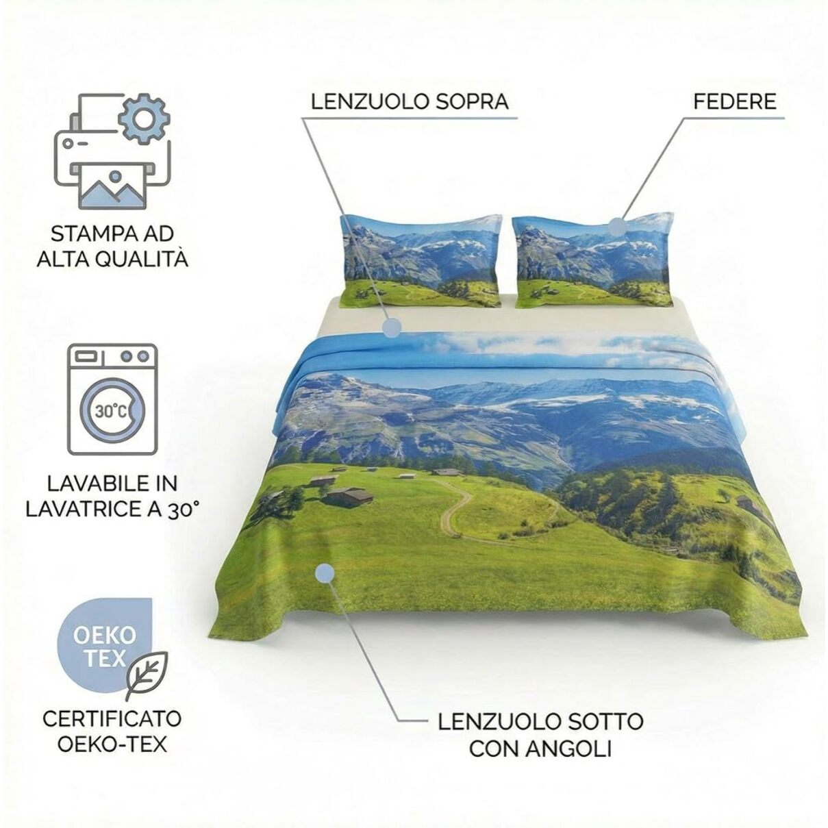 Set completo letto matrimoniale 100% cotone, 180x200 cm, con Stampa Digitale di Alta Qualità, Intrecci