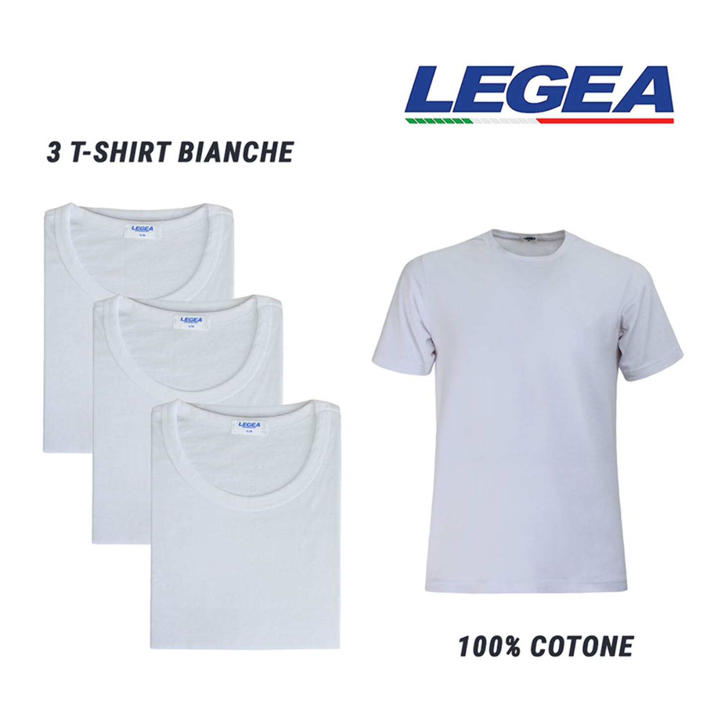 3 T-Shirt Uomo LEGEA Art. 830 Girocollo Bianco