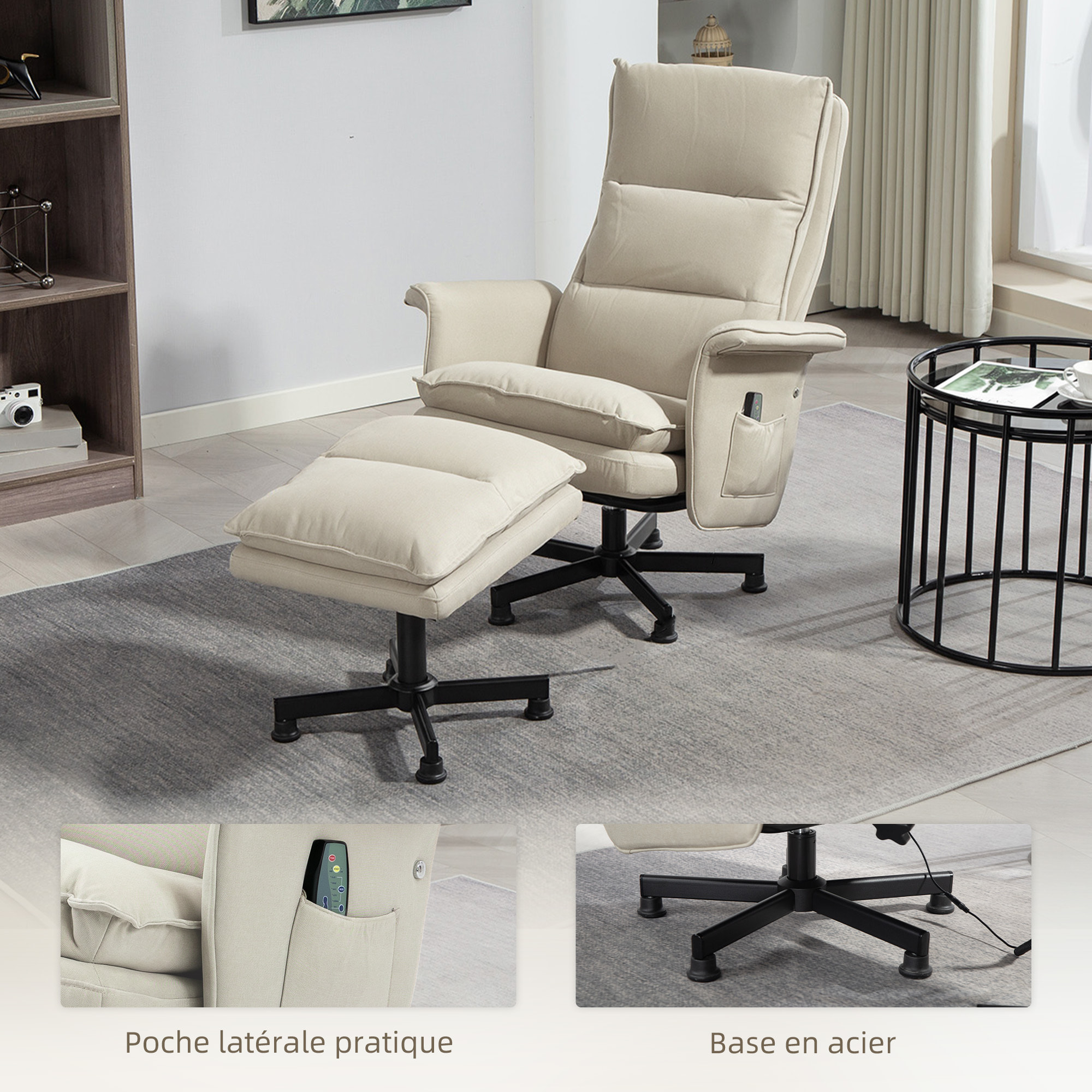 Fauteuil de massage avec repose-pied - style néo-rétro - châssis acier noir aspect lin beige