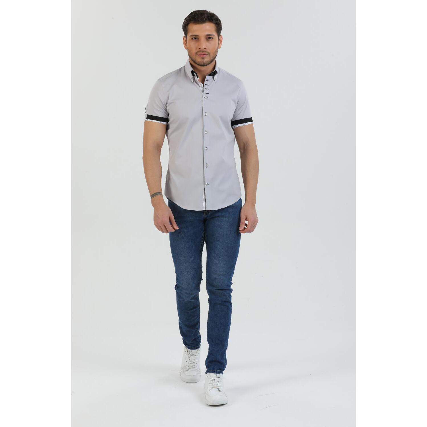 Camicia Uomo Manica Corta 2 Bottoni Button Down 7 Botto Popeline Stretch Unito Grigio