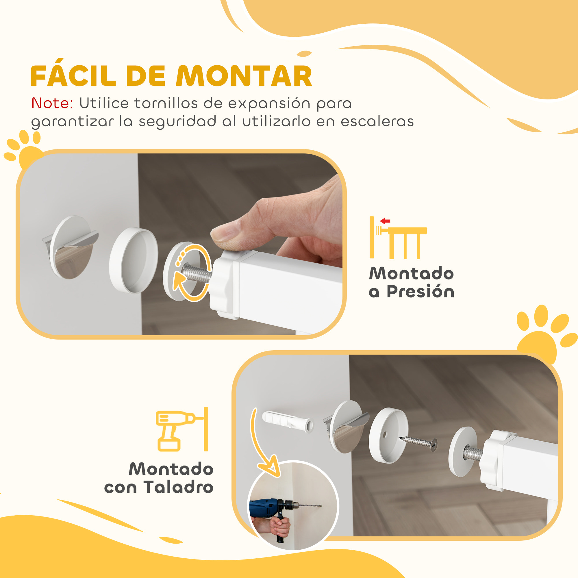 Barrera de seguridad para Perros Extensible 74-94 cm, para Puertas y Escaleras, Barrera para Perros con Extensión 14 cm, Montaje a Presión y Doble Bloqueo, Blanco
