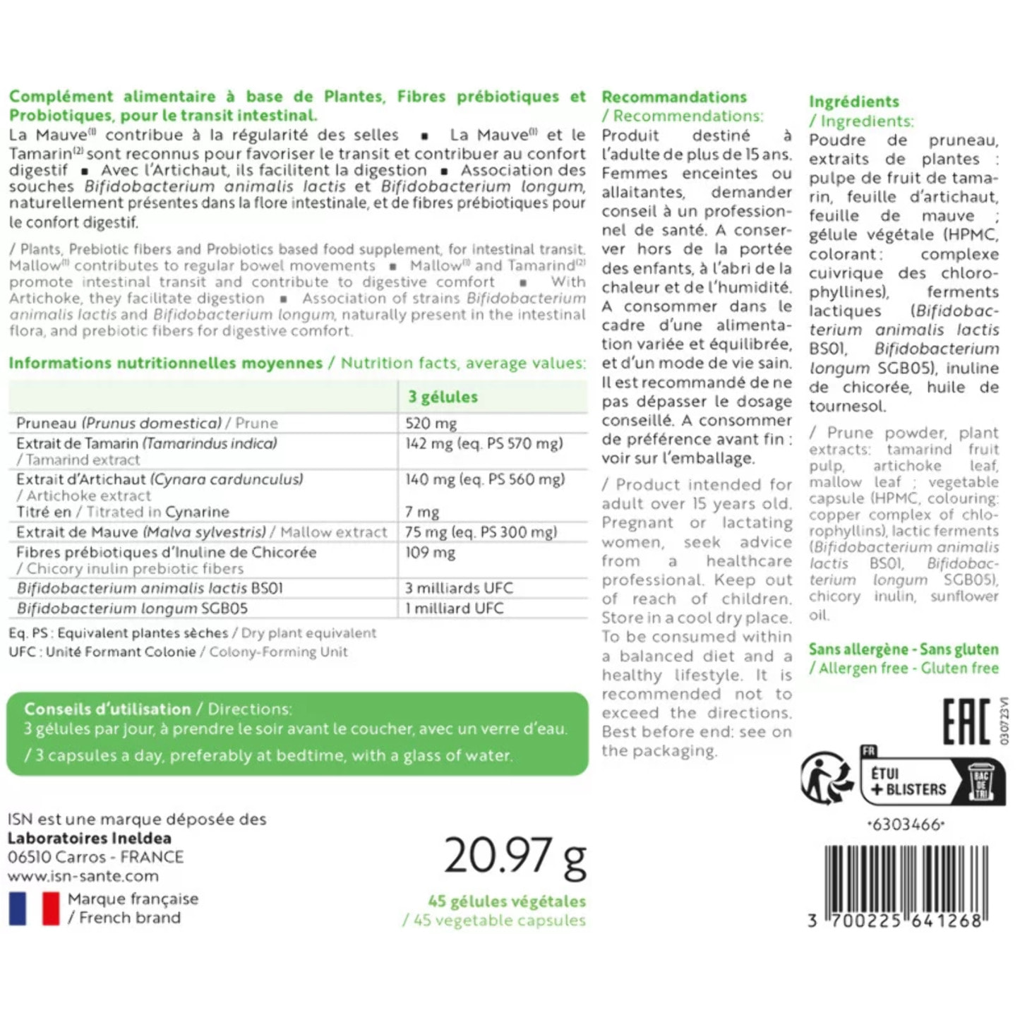 ISN - Transiregul® - Complément alimentaire aux extraits de plantes - Contribue à la régularité des selles et à une meilleure digestion - Cure de 15 j - 45 gélules végétales