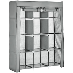 Armoire penderie multi-rangement - 8 étagères, 2 barres - dim. 125L x 43l x 162,5H cm - acier noir non tissé gris clair
