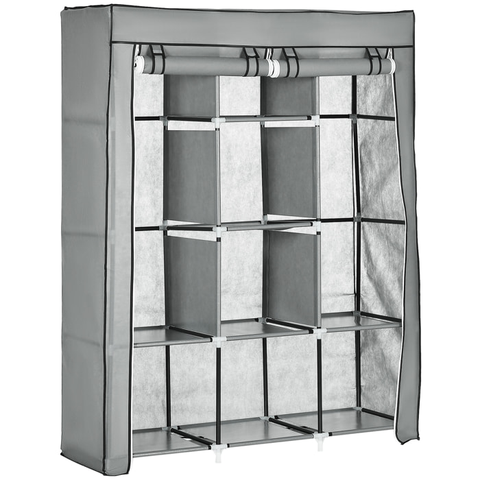 Armoire penderie multi-rangement - 8 étagères, 2 barres - dim. 125L x 43l x 162,5H cm - acier noir non tissé gris clair