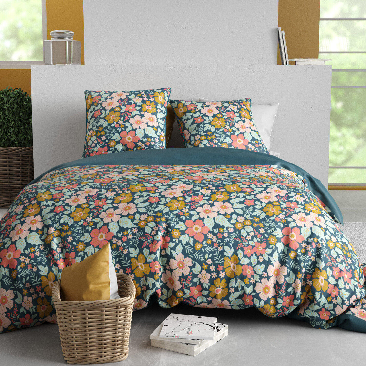 Parure housse de couette imprimé 100% coton - ondine - rose