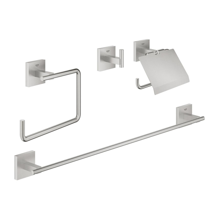 GROHE QuickFix - Start Cube - Set d'accessoires 4 en 1 pour salle de bain - Finition Supersteel 41115DC0 (à visser ou à coller)