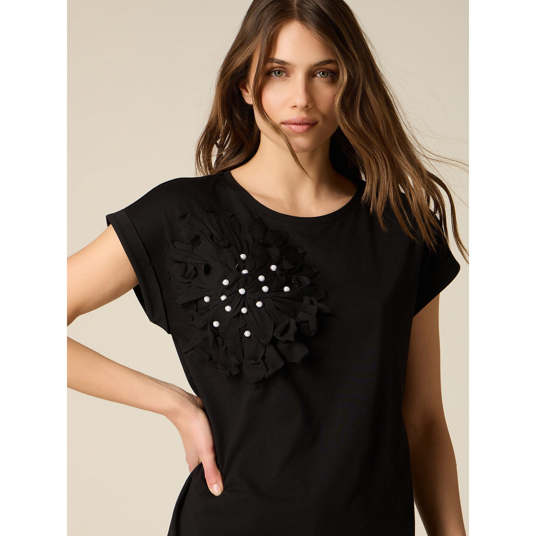 Oltre - Camiseta con aplicación y perlas - Negro