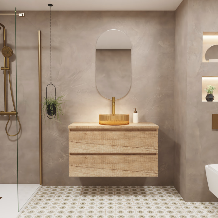 Ensemble de Salle de Bain Glass | 100 cm Nature | Deux Tiroirs | Lavabo en Verre Xampagne | N'inclut pas Miroir | Meuble Monte | Alday