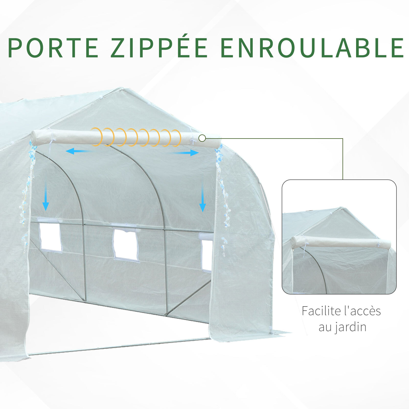 Serre tunnel de jardin dim. 4,45L x 2,99l x 2H m porte + 6 fenêtres enroulables acier galvanisé bâche PE haute densité blanc