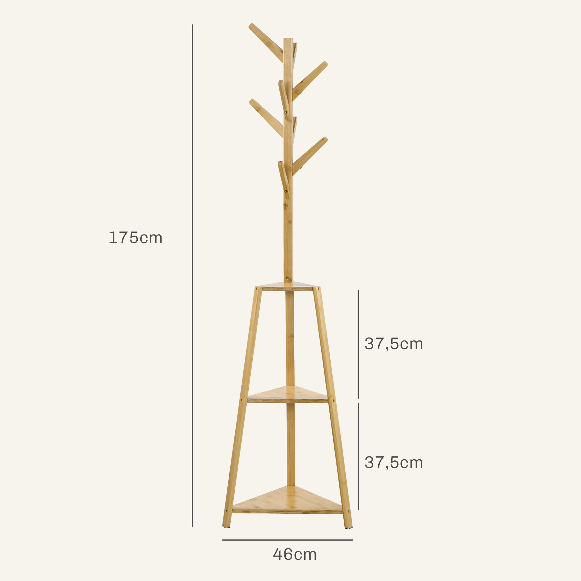 Portemanteau sur pied bois bambou - 8 patères, 3 étagères - dim. 46L x 46l x 175H cm