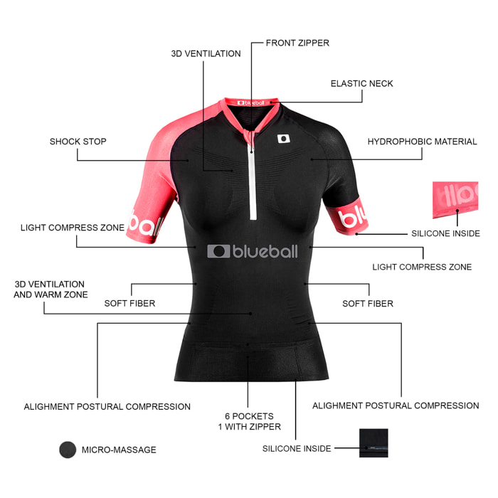 Maglia a compressione da corsa a maniche corte da donna di Blueball in nero e rosa