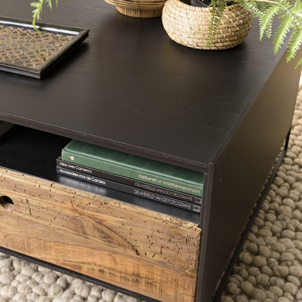 DANDY - Table basse noire 80x80cm 1 tiroir bois Pin recyclé et métal
