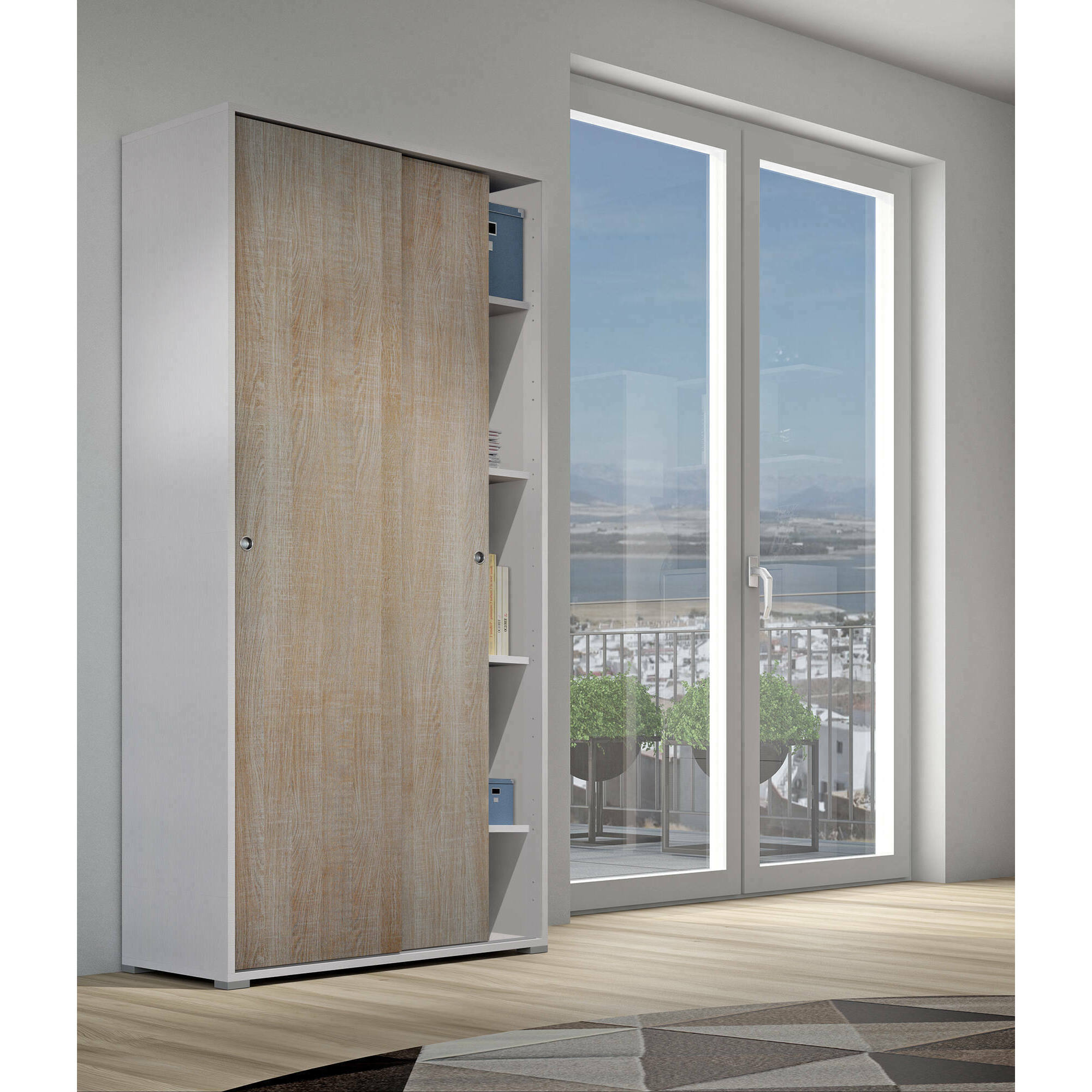 Guardaroba Dalia, Armadio a 2 ante scorrevoli e 4 ripiani, Mobile moderno multiuso per camera da letto, 100% Made in Italy, Cm 90x45h195, Rovere e Bianco