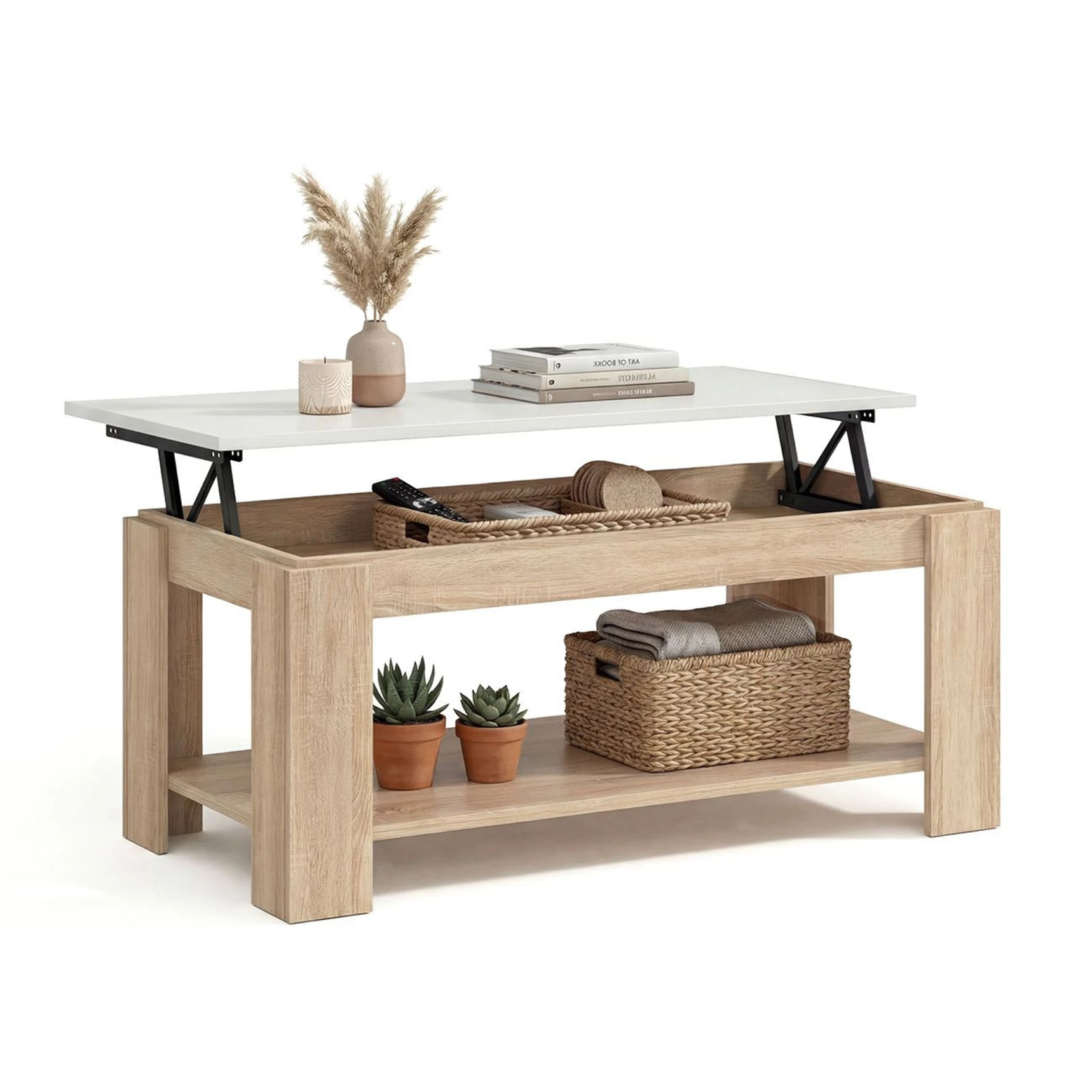 Mesa de centro elevable con almacenaje en roble canadian y blanco artik 102x43-54 cm Lya Roble Canadian - Blanco Artik (Blanco Mate)