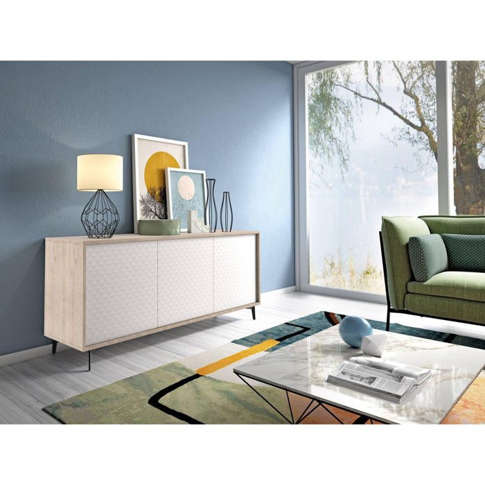 Credenza Fresia, Mobile buffet a 3 ante e 1 ripiano regolabile, Madia elegante da soggiorno, Mobile porta TV, 100% Made in Italy, Cm 184x45h77, Bianco e Rovere