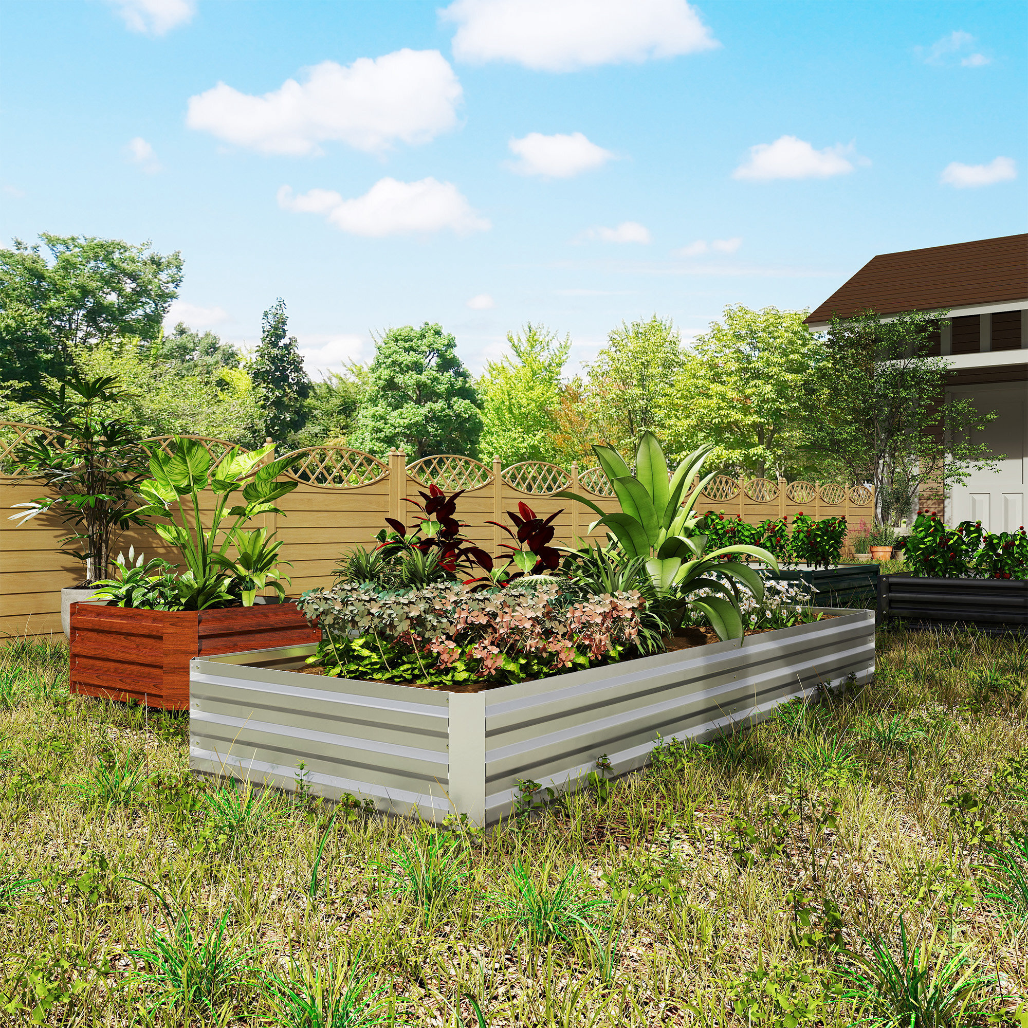 Jardinera Exterior Grande Rectangular de Acero Galvanizado, Huerto Urbano para Cultivar Plantas, Macetero Grande Exterior con Base Abierta, Resistente a la Intemperie, 241x90,5x30 cm, Plata