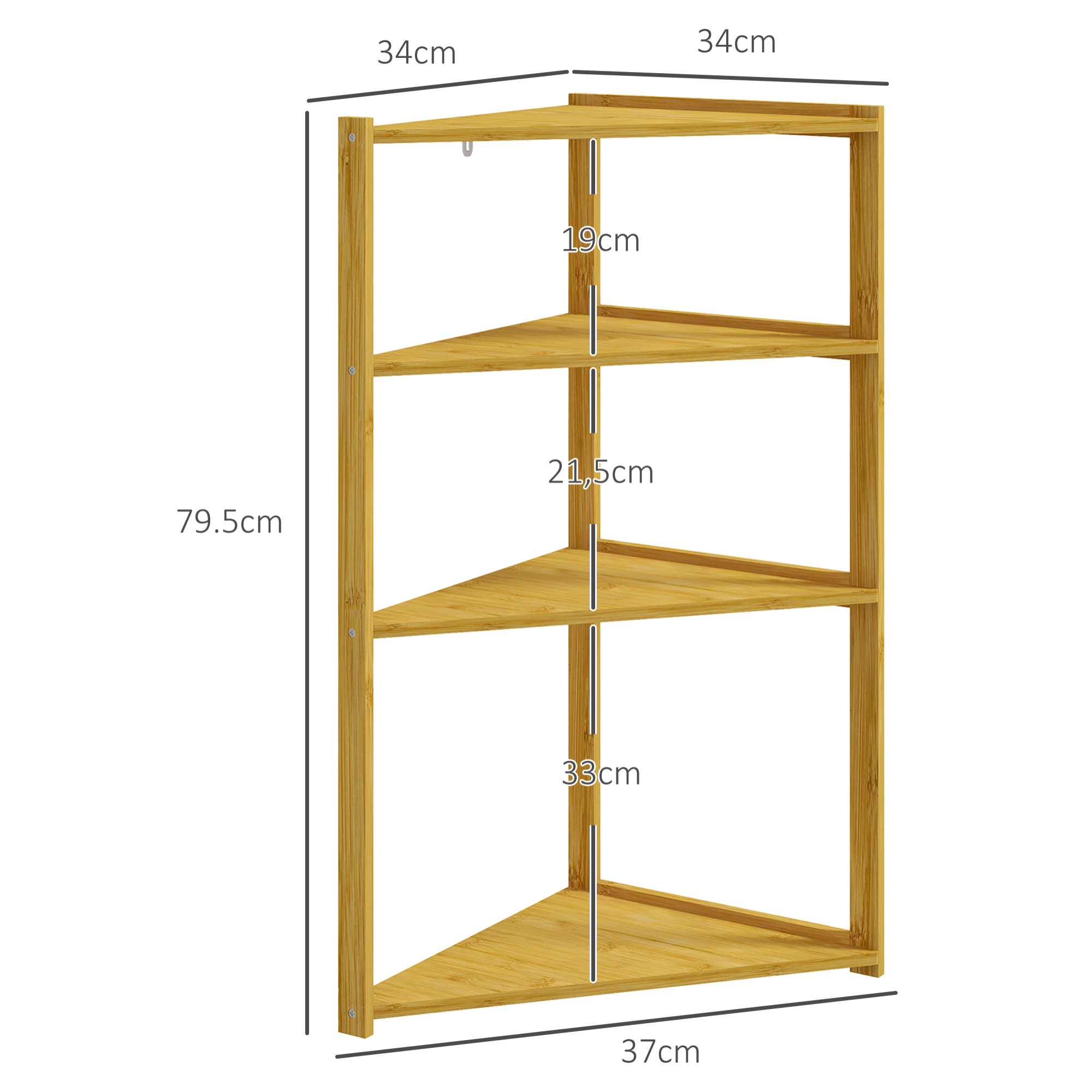 Etagère d'angle de salle de bain - 4 niveaux - dim. 37L x 34l x 79,5H cm - bambou verni