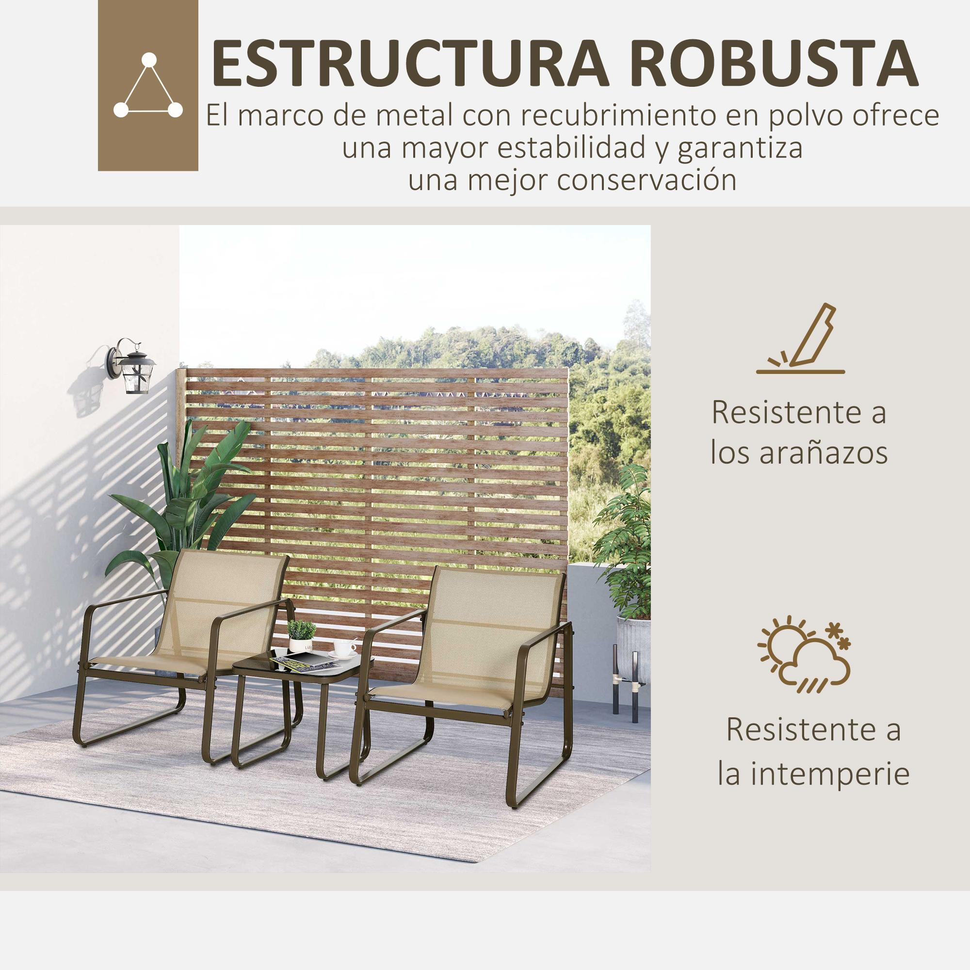 Outsunny Conjunto de Muebles de Jardín 3 Piezas Mesa de Vidrio Templado 43x43x41 cm y 2 Sillas 62x78x75 cm con Reposabrazos y Respaldo Transpirable para Terraza Balcón Caqui