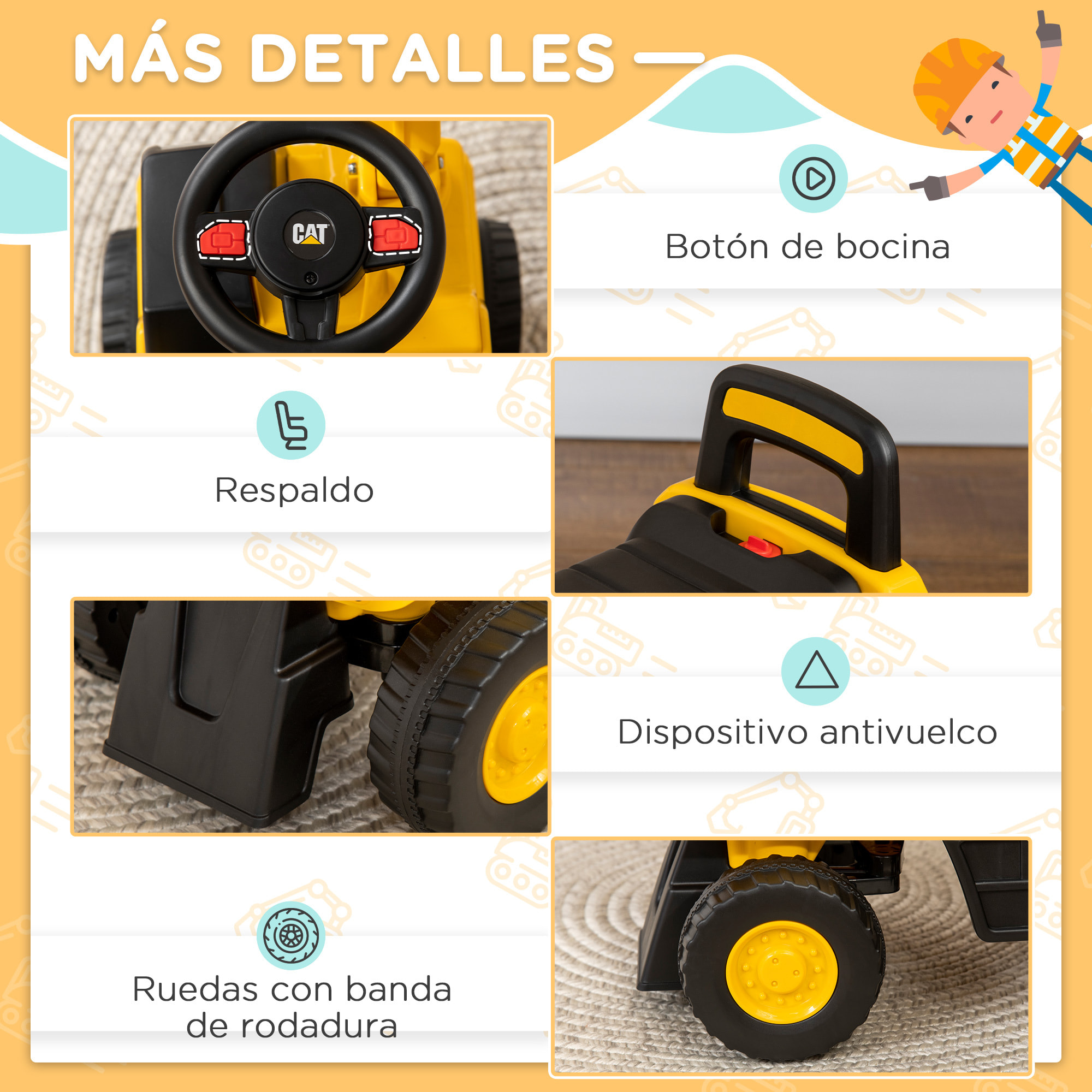 Excavadora con Licencia Caterpillar Excavadora Correpasillos para Niños de 1-3 Años con Asiento de Almacenamiento Pala Delantera y Bocina Carga 25 kg 85x27,5x47,5 cm Amarillo