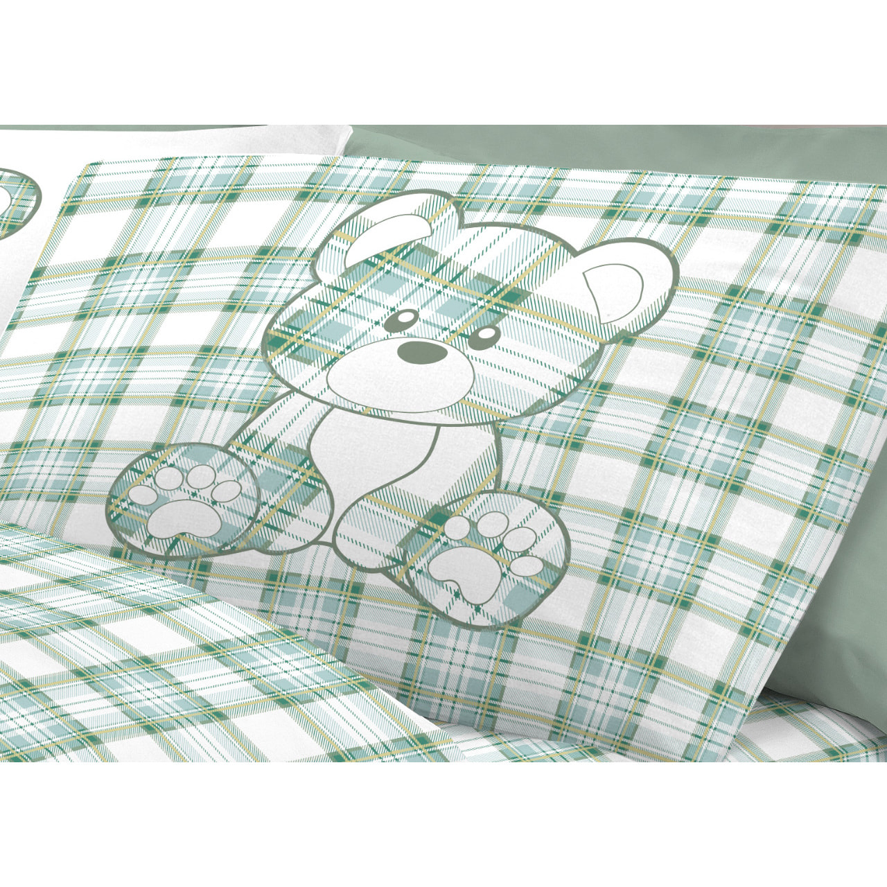 Completo Lenzuola In 100% Cotone Orsetto Tartan Primavera