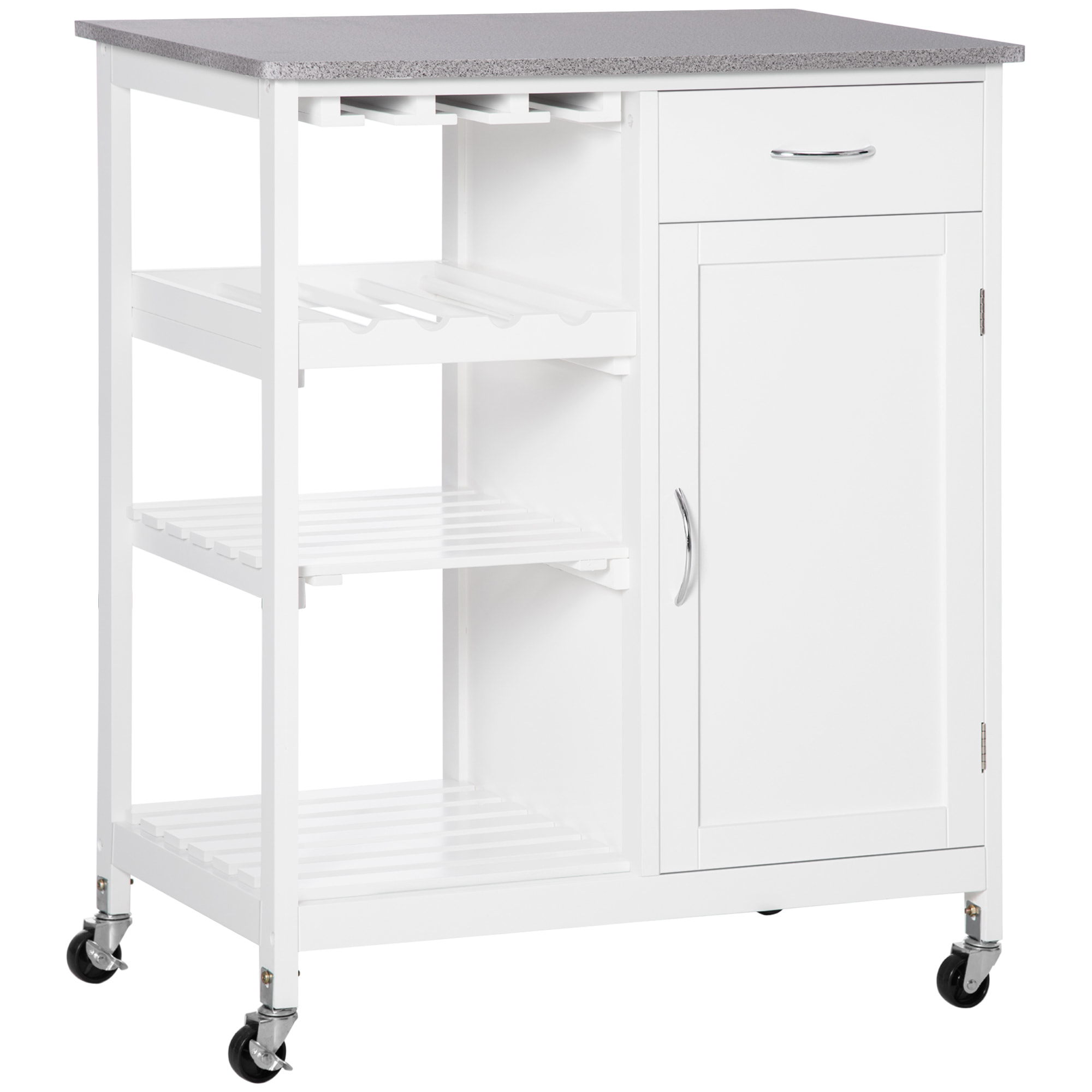 HOMCOM Carro de Cocina con Ruedas Carrito de Servicio con 1 Cajón Estantes Extraíbles Botellero para 4 Botellas y Armario para Comedor Salón Carga 40 kg 76x48x88 cm Blanco