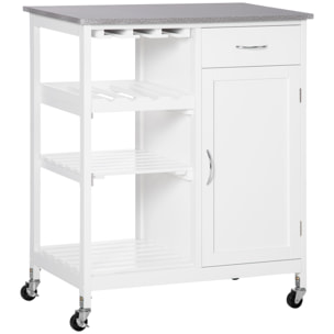 HOMCOM Carro de Cocina con Ruedas Carrito de Servicio con 1 Cajón Estantes Extraíbles Botellero para 4 Botellas y Armario para Comedor Salón Carga 40 kg 76x48x88 cm Blanco