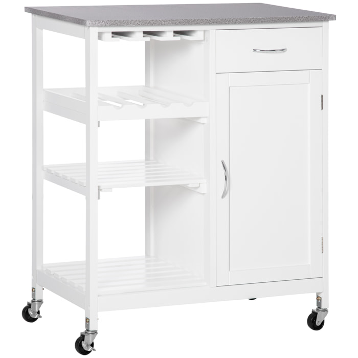 HOMCOM Carro de Cocina con Ruedas Carrito de Servicio con 1 Cajón Estantes Extraíbles Botellero para 4 Botellas y Armario para Comedor Salón Carga 40 kg 76x48x88 cm Blanco