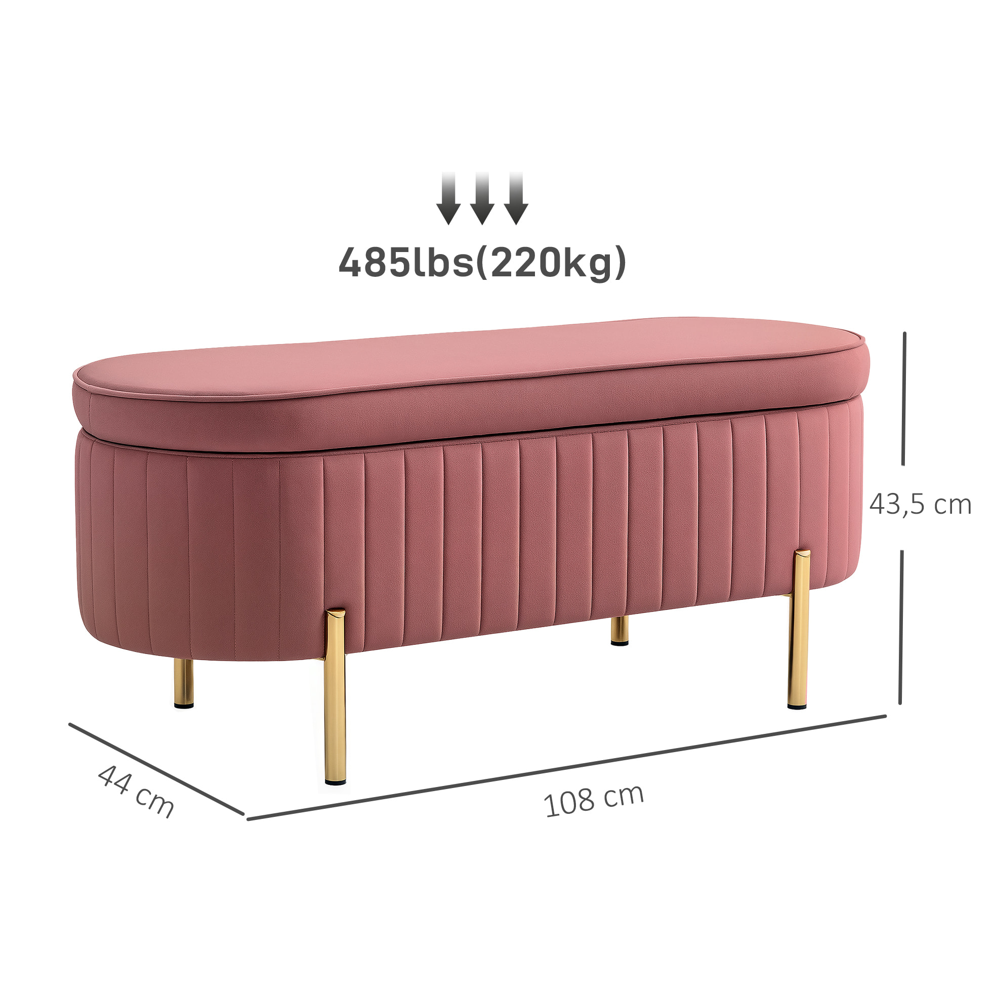 Banco Pie de Cama Tapizado en Terciopelo Puff Almacenaje con Espacio de Almacenaje y Patas Doradas Banqueta para Dormitorio Entrada 108x44x43,5 cm Rosa