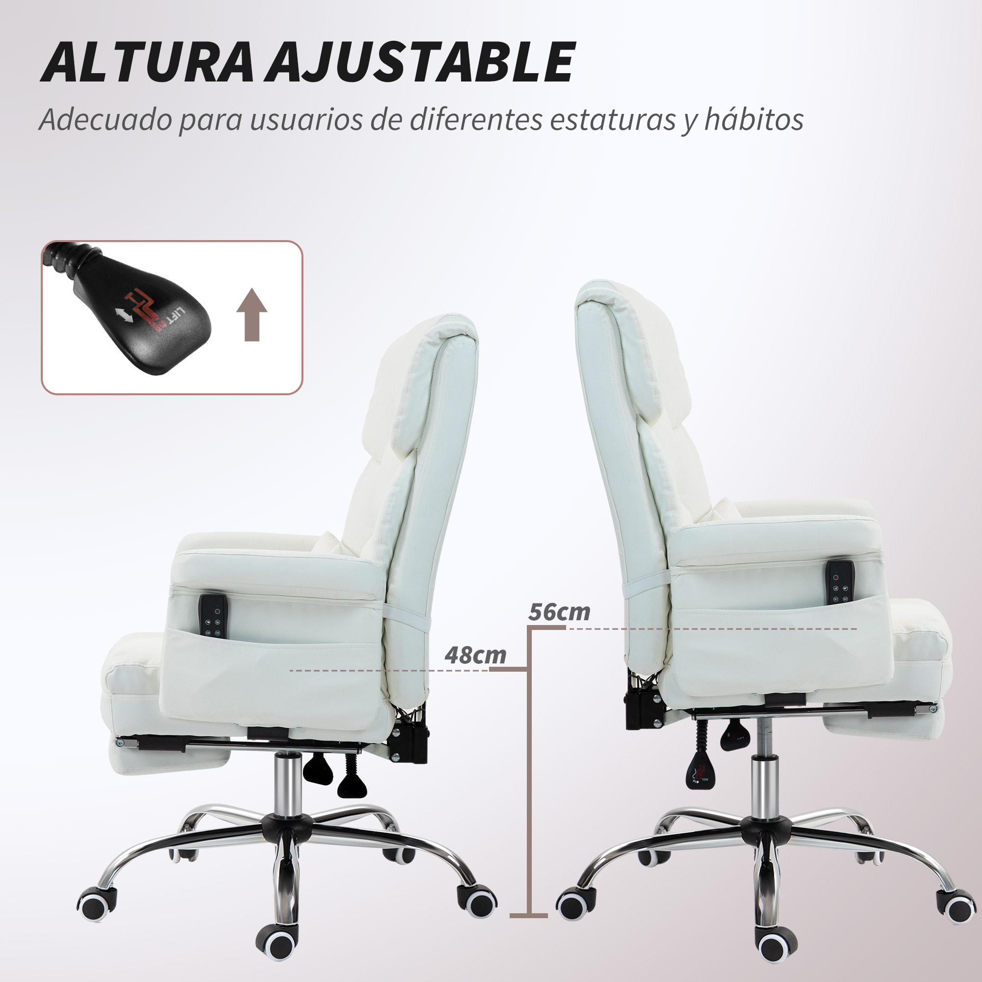 Silla de Oficina con 6 Puntos de Masaje Silla de Masaje Giratoria Silla de Escritorio con Reposapiés Retráctil Altura Ajustable Control Remoto y Soporte Lumbar Tejido de PU Blanco