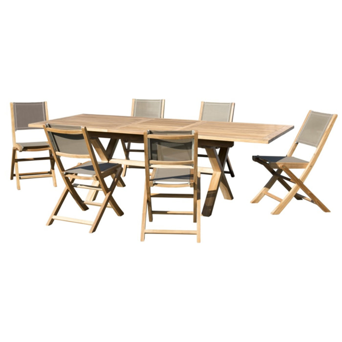 FUN - SALON DE JARDIN BOIS TECK 8/10 pers - 1 Table rect. extensible pieds croisés 180*240/100 cm - 6 chaises textilène taupe