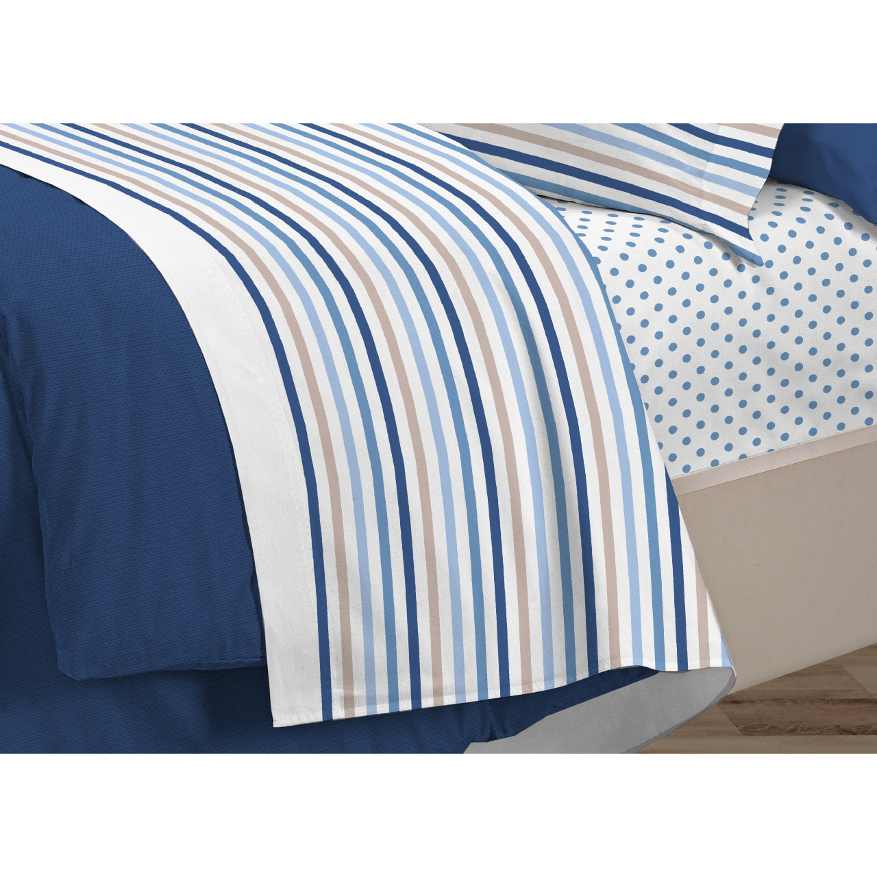 Completo Lenzuola in 100% Cotone Percalle Fantasia 3027 Riga Dots Letto Singolo Colore Blu