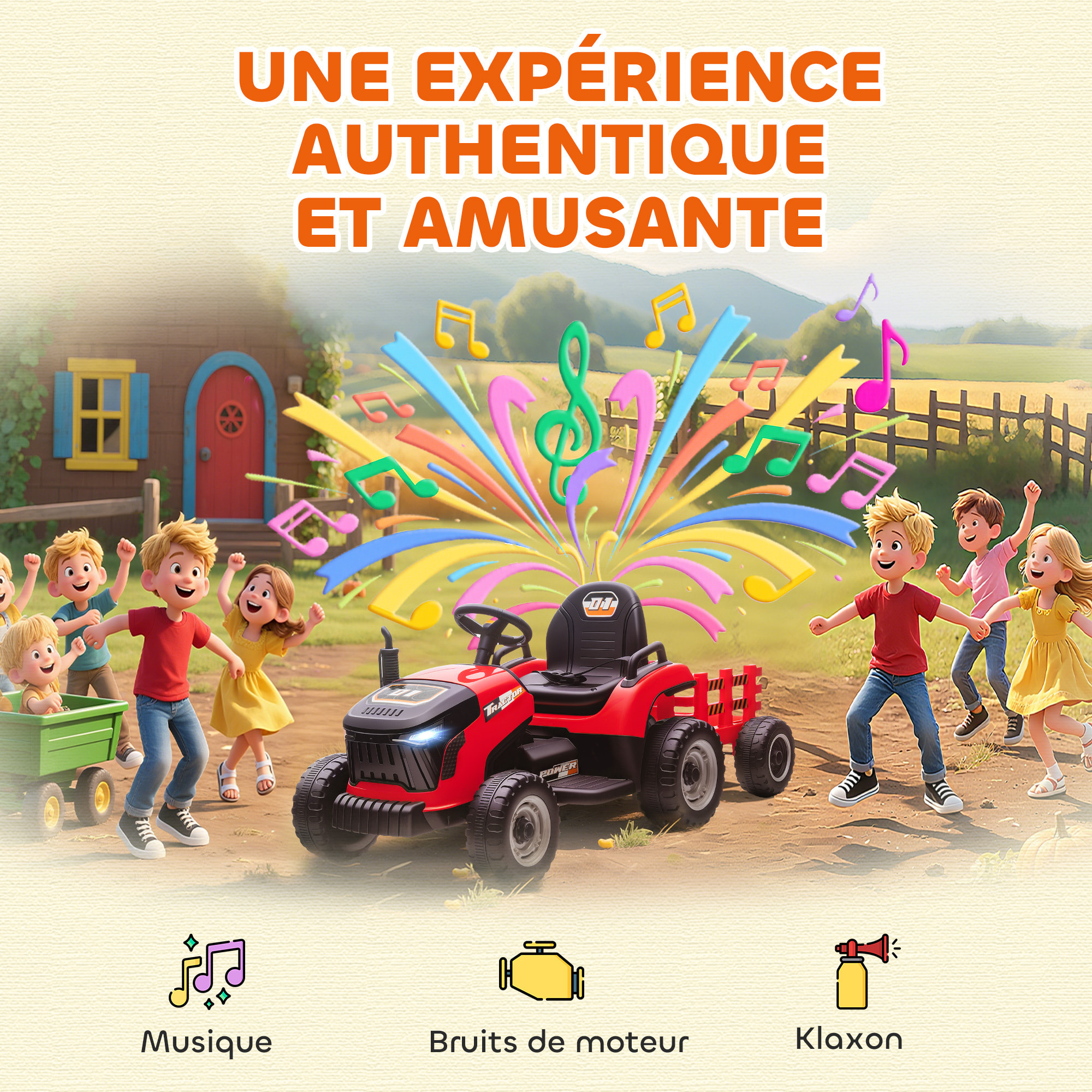 Tracteur électrique enfant avec remorque amovible et télécommande - effets sonores et lumineux - rouge