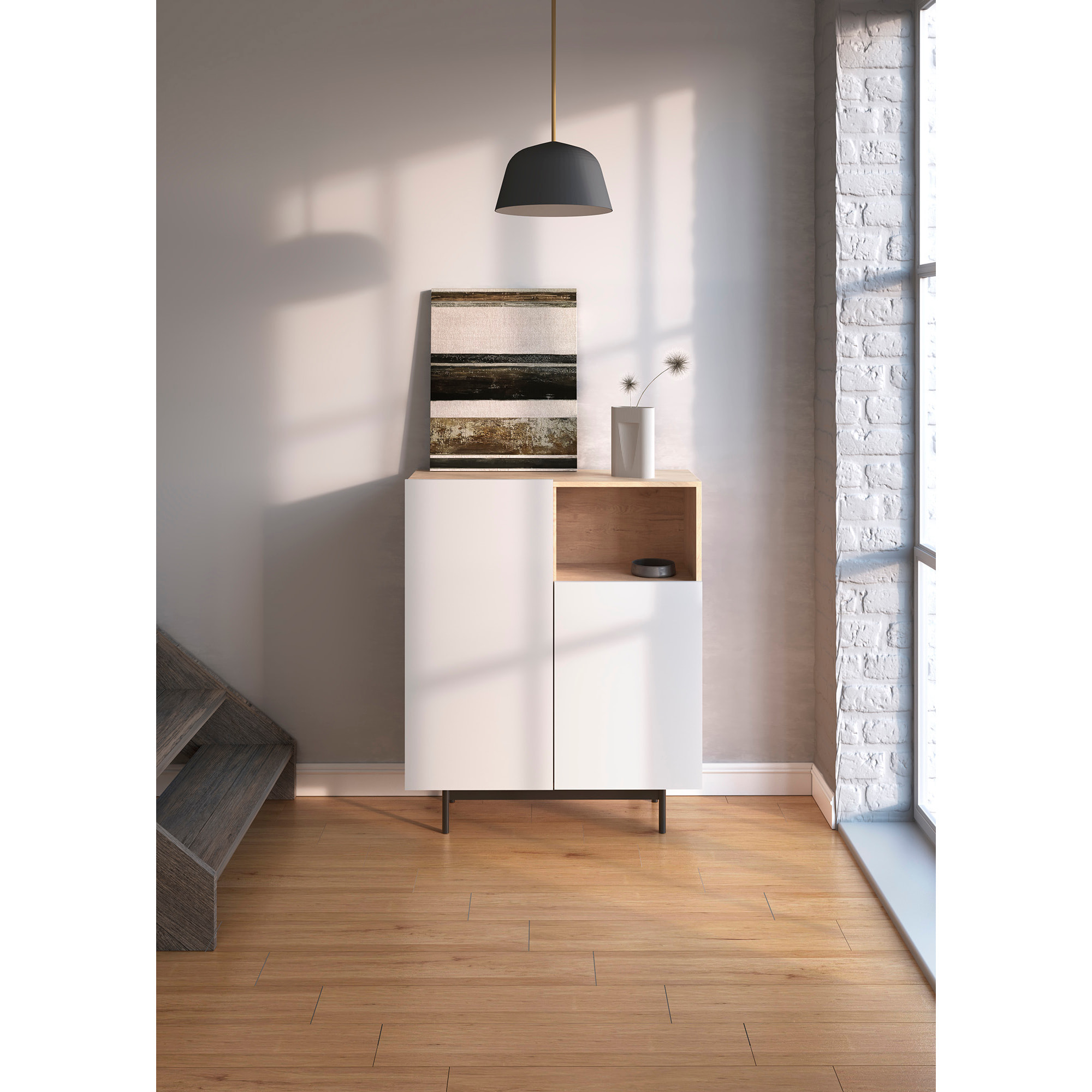 Aparador 1 hueco Printed roble y blanco 110x90x34cm