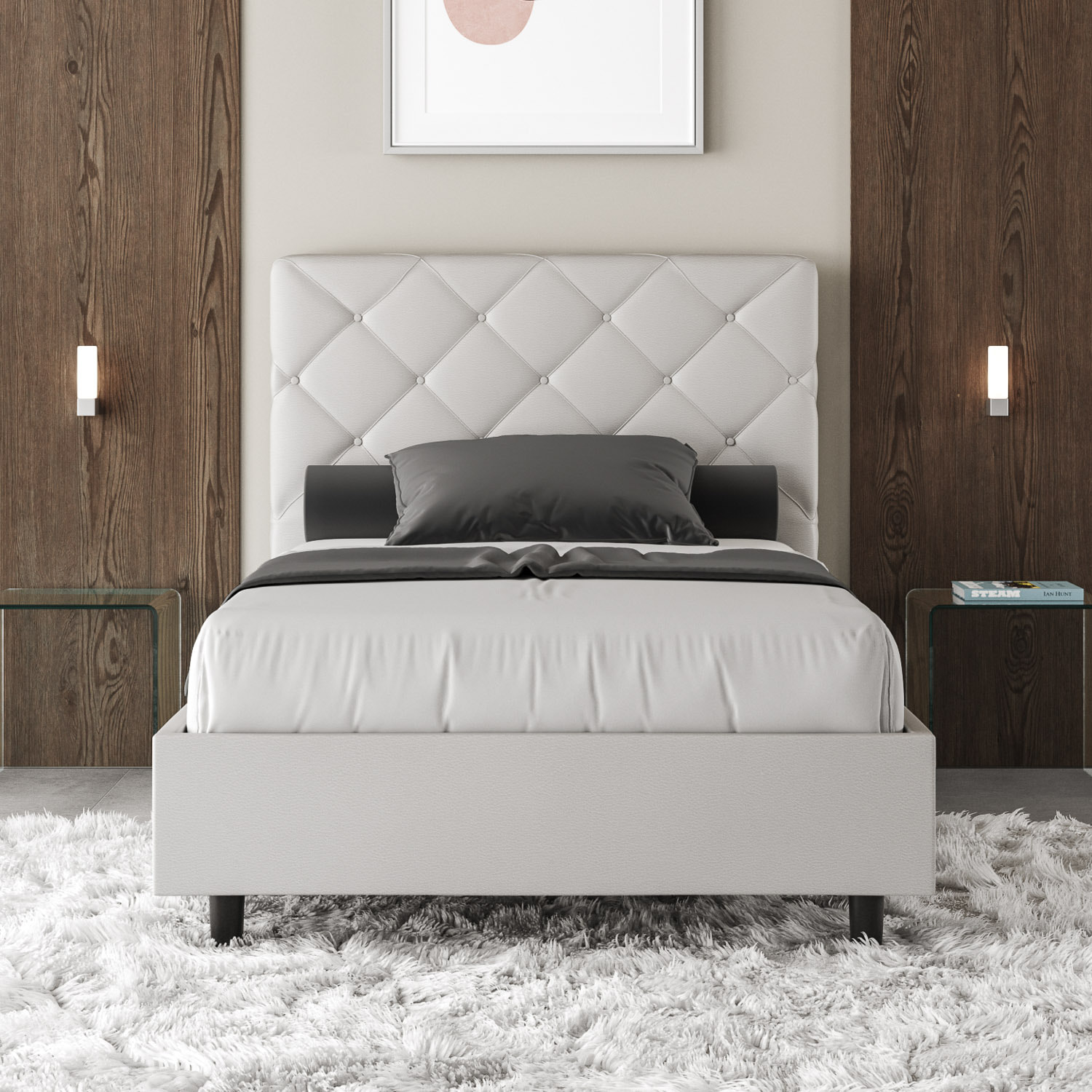 Letto una piazza e mezza senza rete imbottito 120x210 similpelle bianco Priya