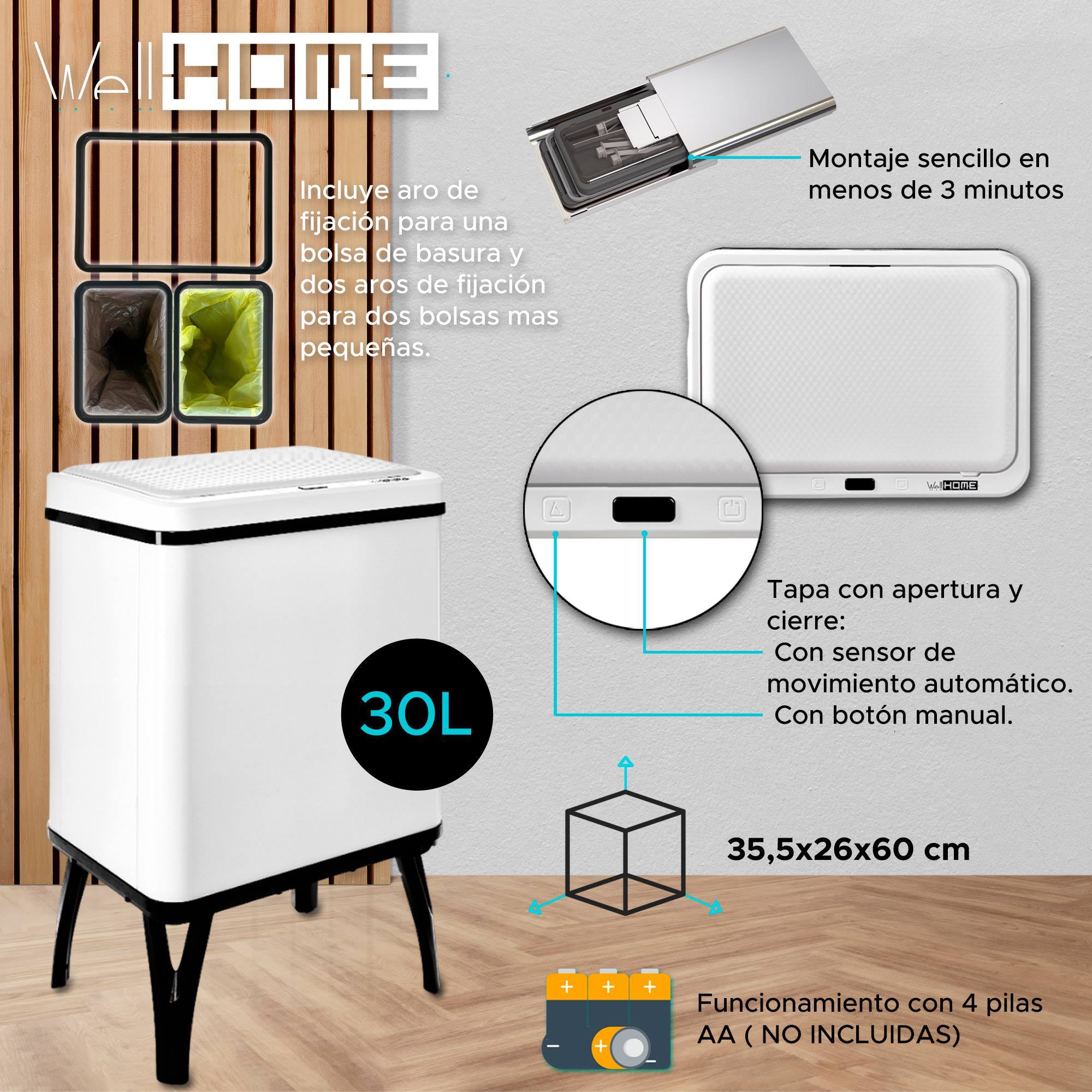 Well home - cubo de basura inteligente para reciclaje con apertura automática y contacto manual 15l+15l 35,5x26x60cm color blanco
