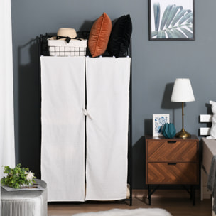 Armoire penderie multi-rangement - 5 étagères - dim. 84L x 42l x 158,5H cm - métal noir motif fleurs 2 rideaux blanc